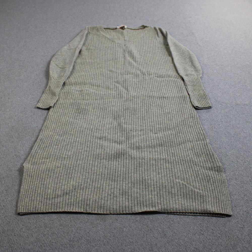 Sundance Merino Wool Sweater Dress Women Small Gray Rib Midi V Neck Boho READ